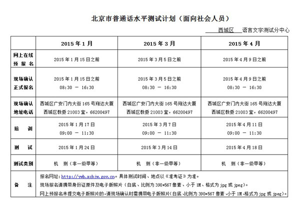 北京2015年1-4月份普通话测试安排(面向社会人