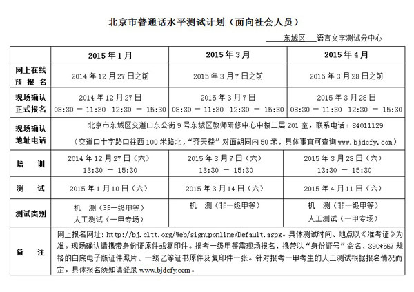 北京2015年1-4月份普通话测试安排(面向社会人