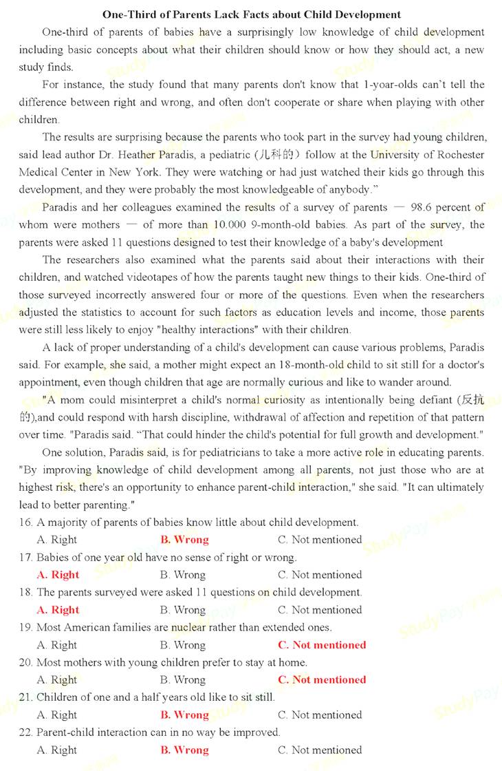 2015年职称英语卫生类A级考试真题:阅读判断