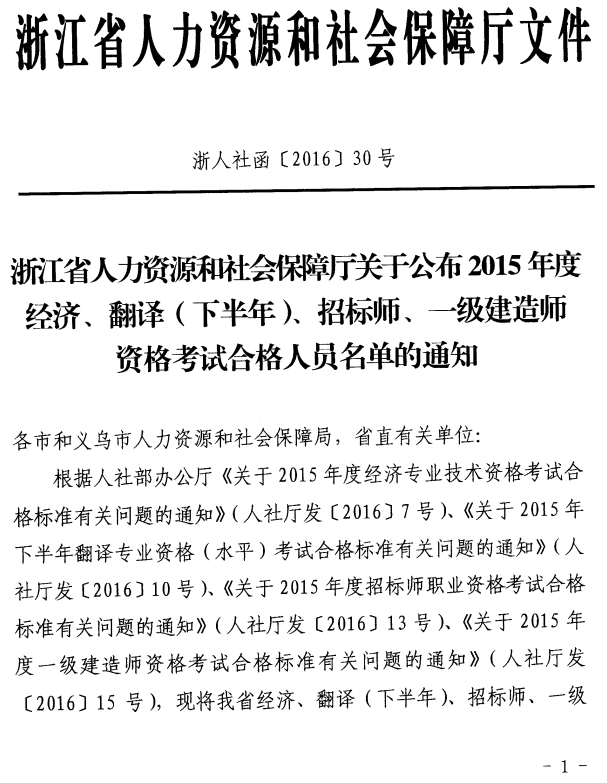 2015年浙江經濟師合格名單